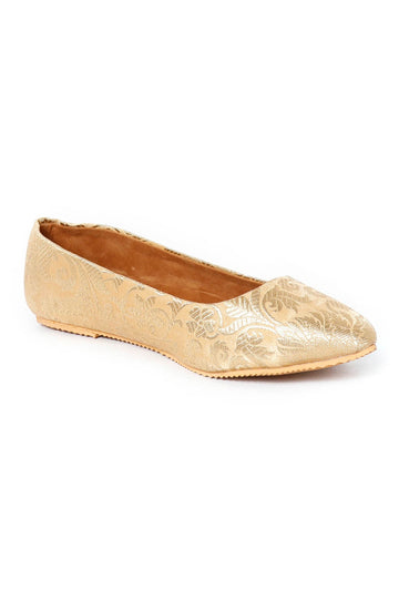 Beige Pointed Toe Brocade Ballerina Flats